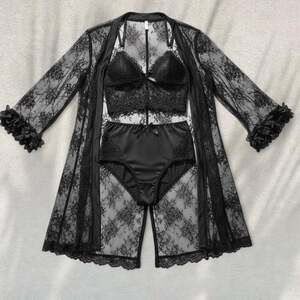 Black Lace 3-Piece Lingerie Set 🖤 Sheer Robe + Bralette & Panty ✧ S/M